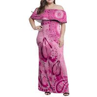 Pink Bula Fiji Family Matching Off Shoulder Maxi Dress and Hawaiian Shirt Fijian Dance Fan Tapa Cloth Pattern LT14 Mom's Dress Pink - Polynesian Pride