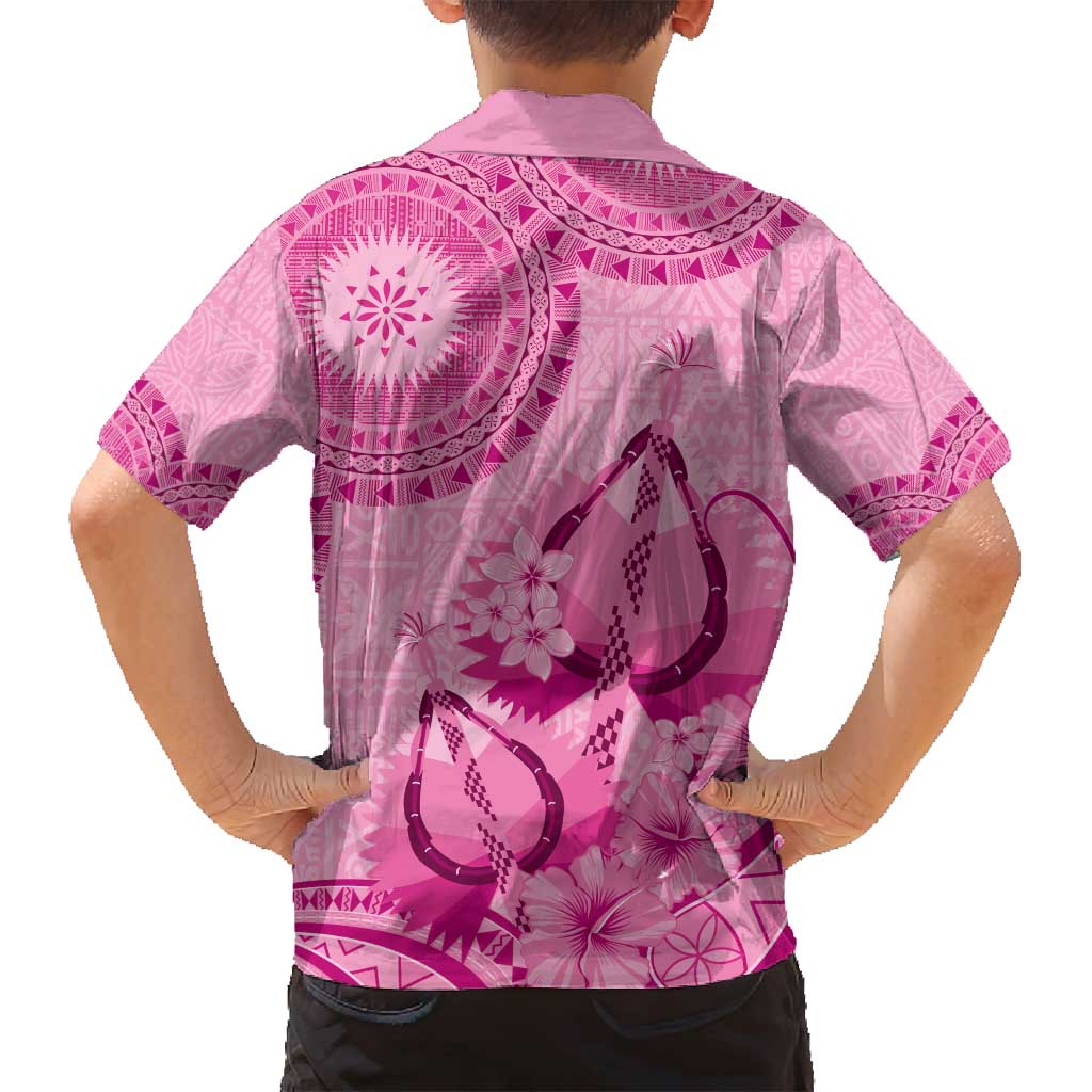 Pink Bula Fiji Family Matching Off Shoulder Short Dress and Hawaiian Shirt Fijian Dance Fan Tapa Cloth Pattern LT14 - Polynesian Pride
