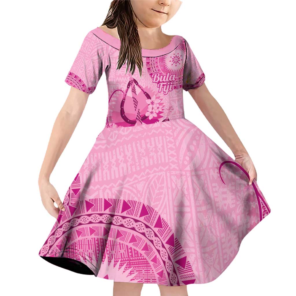 Pink Bula Fiji Family Matching Off Shoulder Short Dress and Hawaiian Shirt Fijian Dance Fan Tapa Cloth Pattern LT14 Daughter's Dress Pink - Polynesian Pride