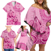 Pink Bula Fiji Family Matching Off Shoulder Short Dress and Hawaiian Shirt Fijian Dance Fan Tapa Cloth Pattern LT14 - Polynesian Pride
