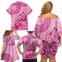 Pink Bula Fiji Family Matching Off Shoulder Short Dress and Hawaiian Shirt Fijian Dance Fan Tapa Cloth Pattern LT14 - Polynesian Pride