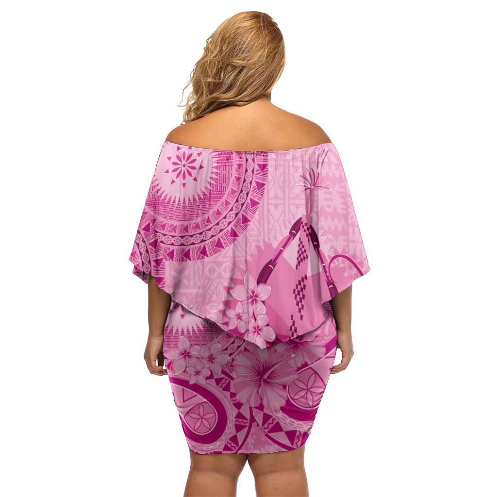 Pink Bula Fiji Family Matching Off Shoulder Short Dress and Hawaiian Shirt Fijian Dance Fan Tapa Cloth Pattern LT14 - Polynesian Pride