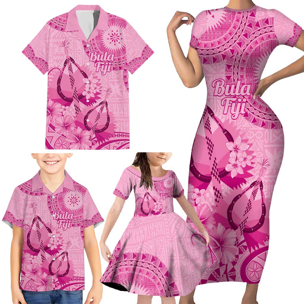 Pink Bula Fiji Family Matching Short Sleeve Bodycon Dress and Hawaiian Shirt Fijian Dance Fan Tapa Cloth Pattern LT14 - Polynesian Pride