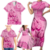 Pink Bula Fiji Family Matching Short Sleeve Bodycon Dress and Hawaiian Shirt Fijian Dance Fan Tapa Cloth Pattern LT14 - Polynesian Pride