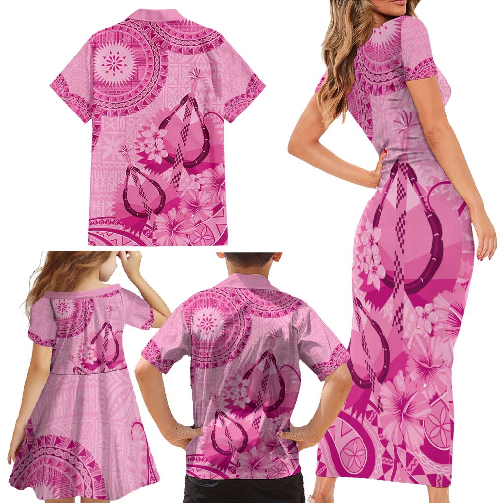 Pink Bula Fiji Family Matching Short Sleeve Bodycon Dress and Hawaiian Shirt Fijian Dance Fan Tapa Cloth Pattern LT14 - Polynesian Pride
