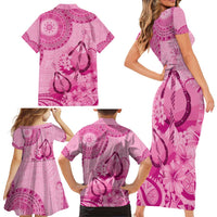 Pink Bula Fiji Family Matching Short Sleeve Bodycon Dress and Hawaiian Shirt Fijian Dance Fan Tapa Cloth Pattern LT14 - Polynesian Pride