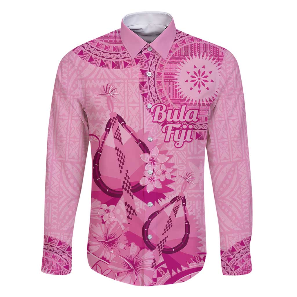 Pink Bula Fiji Family Matching Short Sleeve Bodycon Dress and Hawaiian Shirt Fijian Dance Fan Tapa Cloth Pattern LT14 Dad's Shirt - Long Sleeve Pink - Polynesian Pride