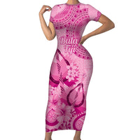Pink Bula Fiji Family Matching Short Sleeve Bodycon Dress and Hawaiian Shirt Fijian Dance Fan Tapa Cloth Pattern LT14 Mom's Dress Pink - Polynesian Pride