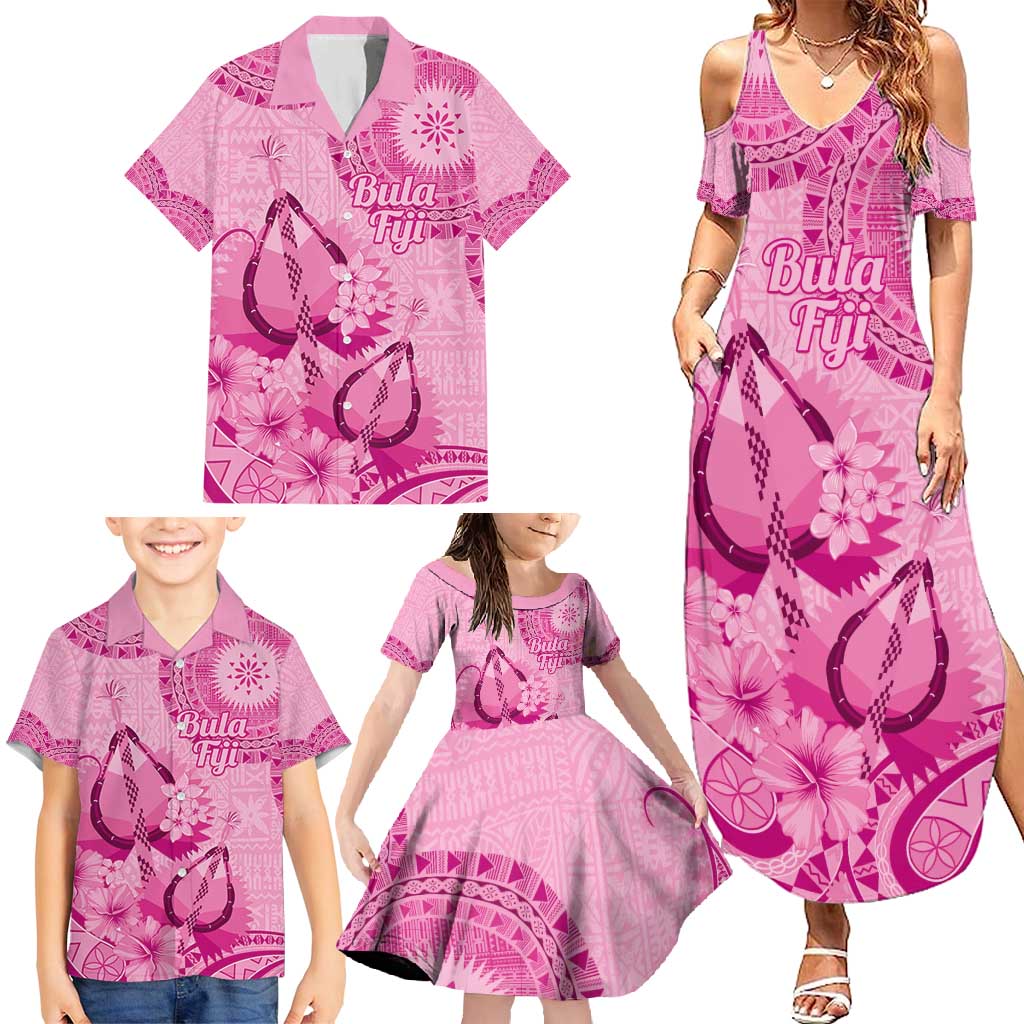 Pink Bula Fiji Family Matching Summer Maxi Dress and Hawaiian Shirt Fijian Dance Fan Tapa Cloth Pattern LT14 - Polynesian Pride