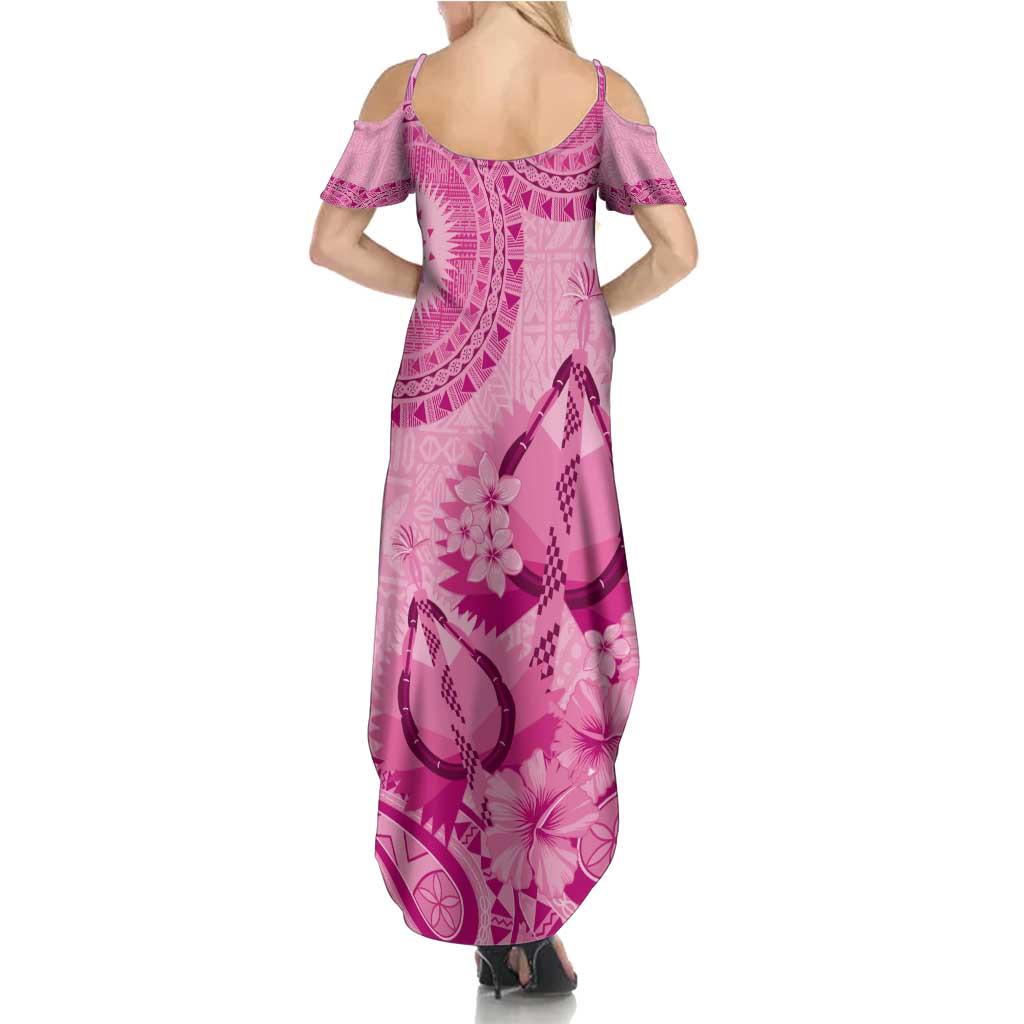 Pink Bula Fiji Family Matching Summer Maxi Dress and Hawaiian Shirt Fijian Dance Fan Tapa Cloth Pattern LT14 - Polynesian Pride