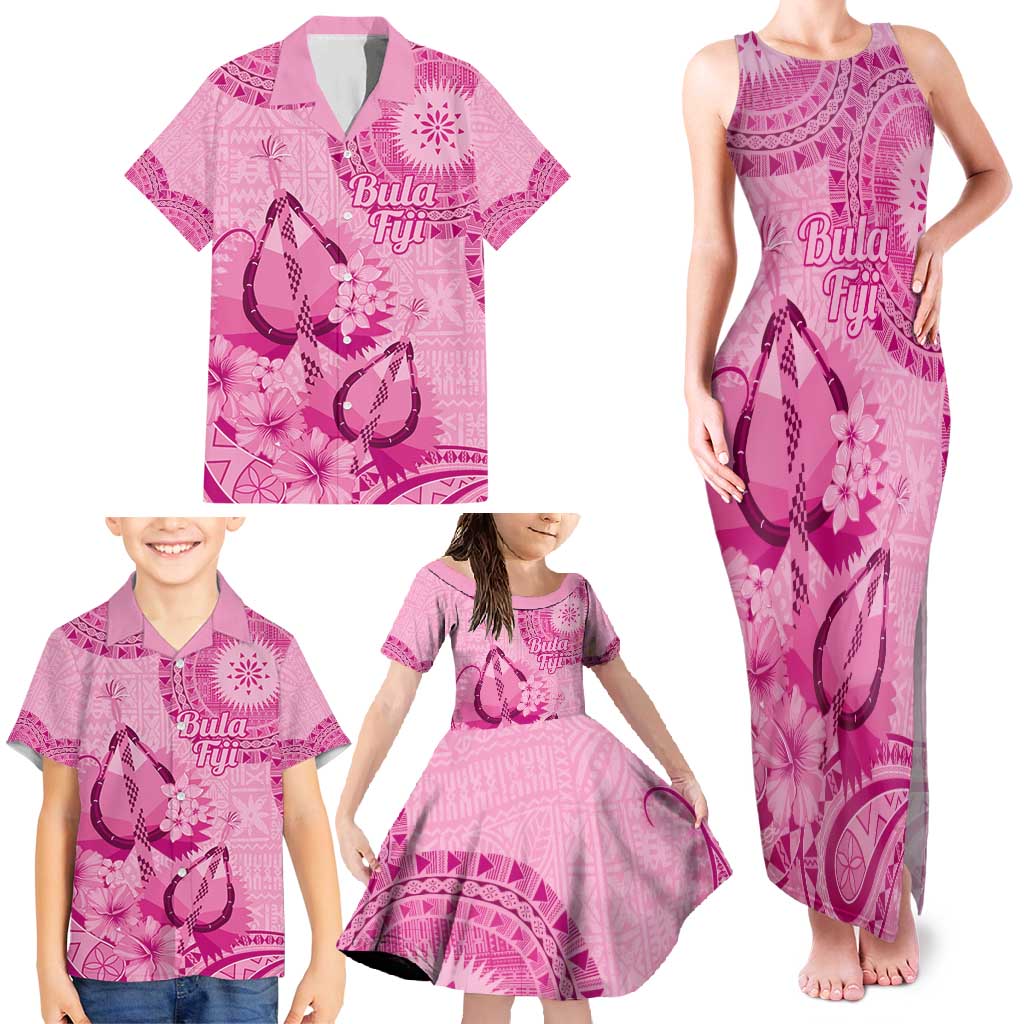 Pink Bula Fiji Family Matching Tank Maxi Dress and Hawaiian Shirt Fijian Dance Fan Tapa Cloth Pattern LT14 - Polynesian Pride