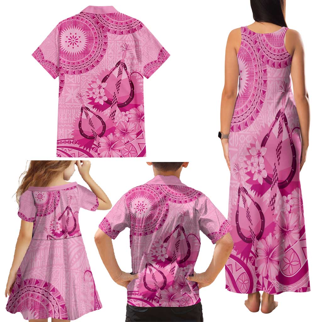 Pink Bula Fiji Family Matching Tank Maxi Dress and Hawaiian Shirt Fijian Dance Fan Tapa Cloth Pattern LT14 - Polynesian Pride