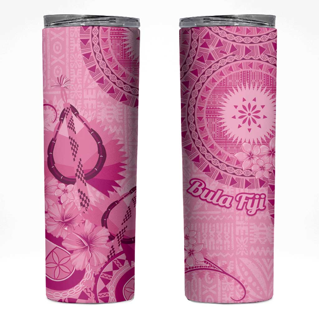 Pink Bula Fiji Skinny Tumbler Fijian Dance Fan Tapa Cloth Pattern