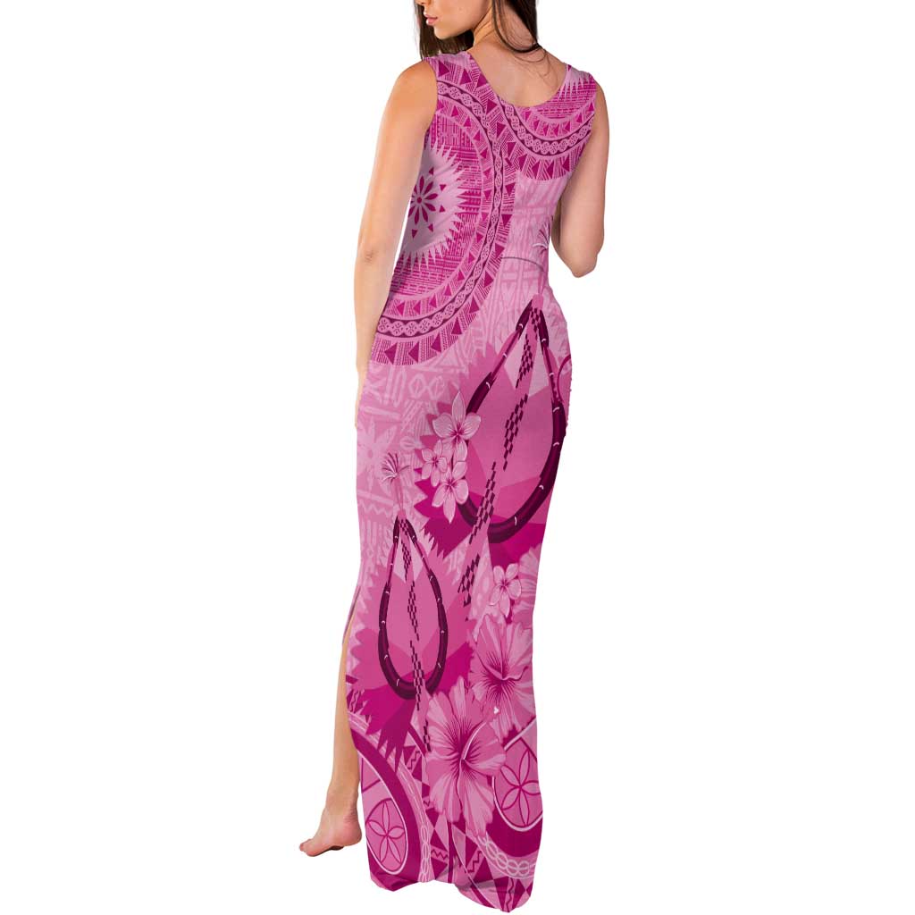 Pink Bula Fiji Tank Maxi Dress Fijian Dance Fan Tapa Cloth Pattern