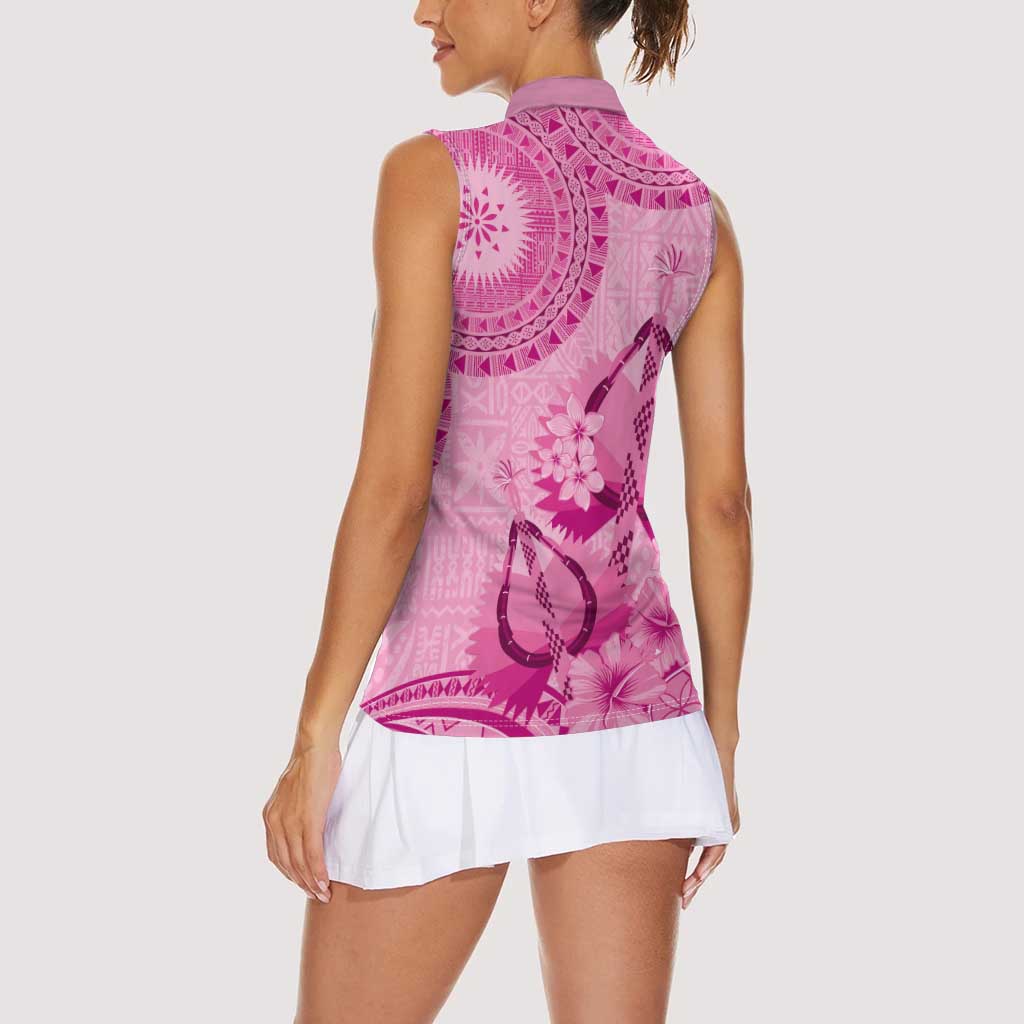 Pink Bula Fiji Women Sleeveless Polo Shirt Fijian Dance Fan Tapa Cloth Pattern