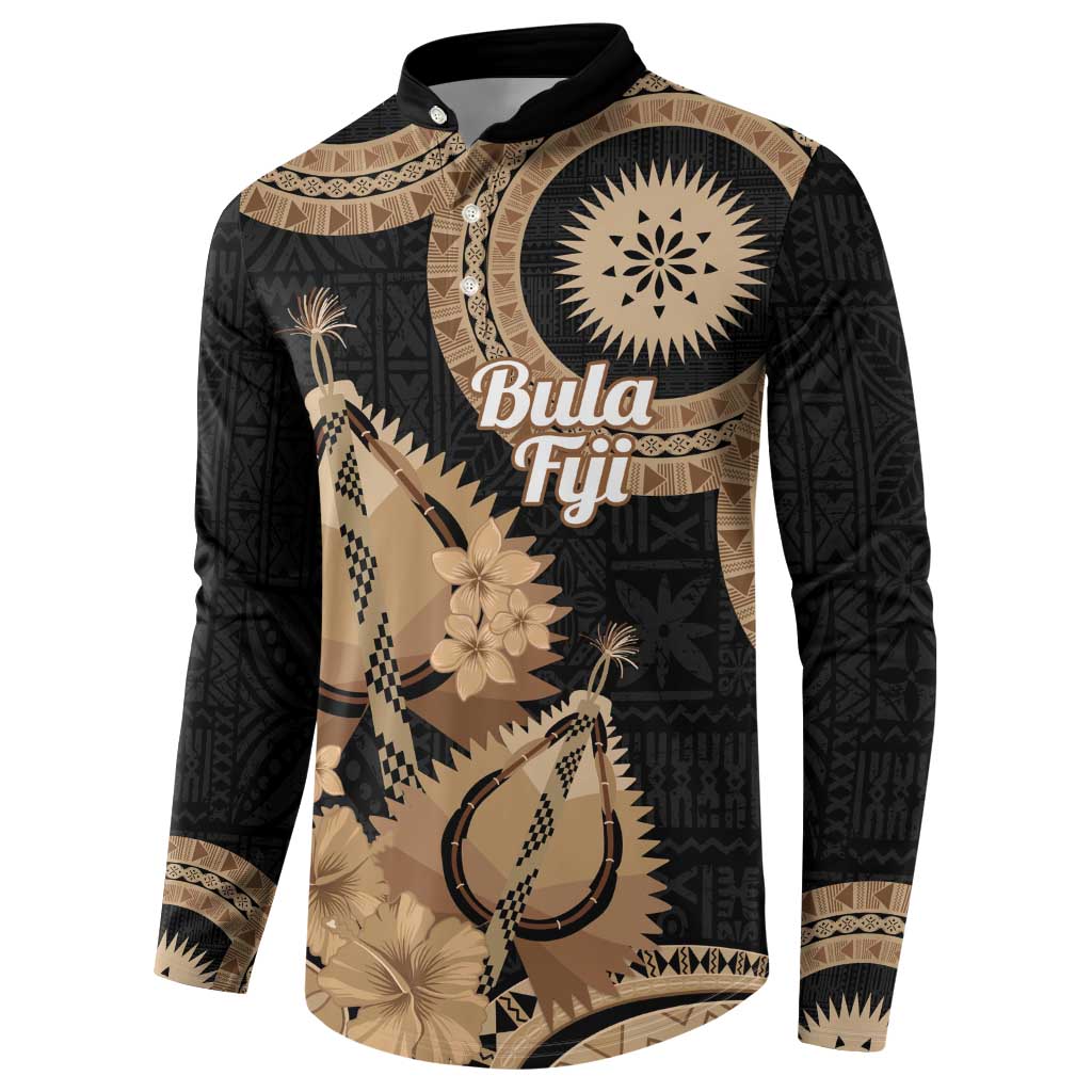 Black Bula Fiji Button Sweatshirt Fijian Dance Fan Tapa Cloth Pattern