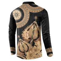 Black Bula Fiji Button Sweatshirt Fijian Dance Fan Tapa Cloth Pattern