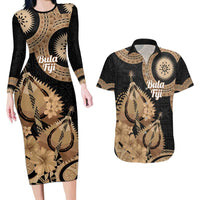 Black Bula Fiji Couples Matching Long Sleeve Bodycon Dress and Hawaiian Shirt Fijian Dance Fan Tapa Cloth Pattern LT14 Black - Polynesian Pride