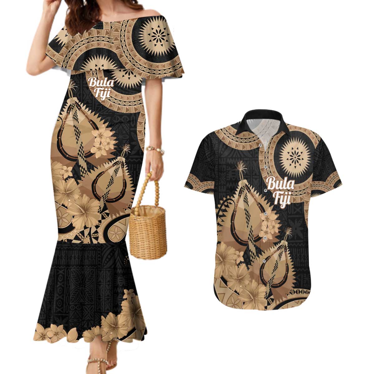 Black Bula Fiji Couples Matching Mermaid Dress and Hawaiian Shirt Fijian Dance Fan Tapa Cloth Pattern LT14 Black - Polynesian Pride