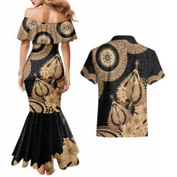 Black Bula Fiji Couples Matching Mermaid Dress and Hawaiian Shirt Fijian Dance Fan Tapa Cloth Pattern LT14 - Polynesian Pride