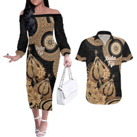 Black Bula Fiji Couples Matching Off The Shoulder Long Sleeve Dress and Hawaiian Shirt Fijian Dance Fan Tapa Cloth Pattern LT14 Black - Polynesian Pride
