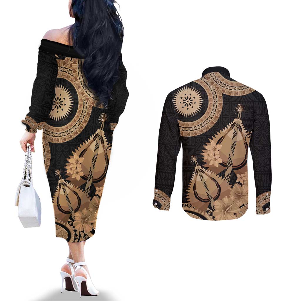 Black Bula Fiji Couples Matching Off The Shoulder Long Sleeve Dress and Long Sleeve Button Shirt Fijian Dance Fan Tapa Cloth Pattern