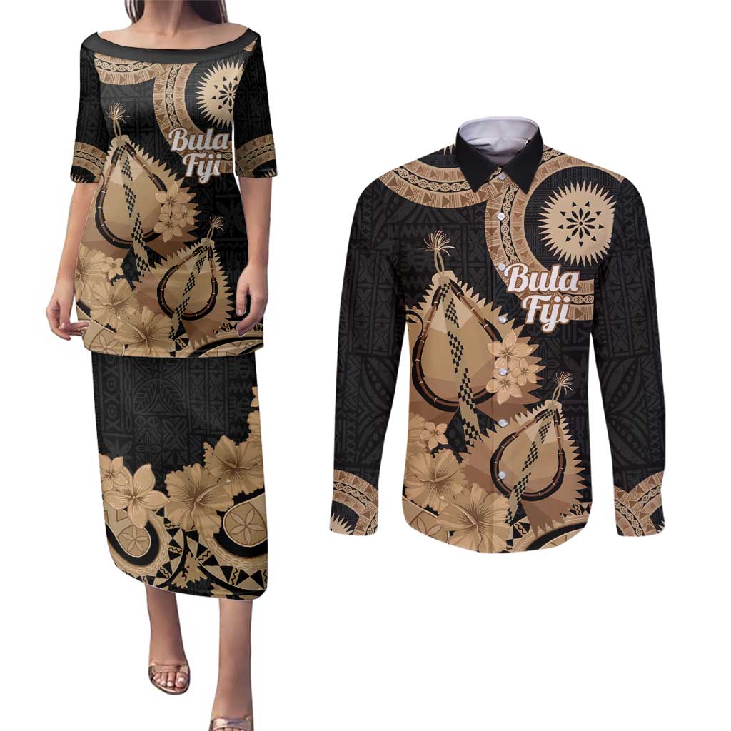 Black Bula Fiji Couples Matching Puletasi and Long Sleeve Button Shirt Fijian Dance Fan Tapa Cloth Pattern