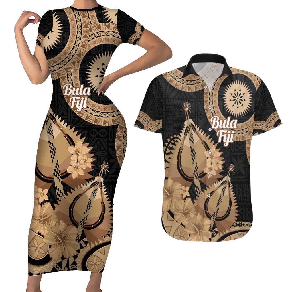 Black Bula Fiji Couples Matching Short Sleeve Bodycon Dress and Hawaiian Shirt Fijian Dance Fan Tapa Cloth Pattern LT14 Black - Polynesian Pride
