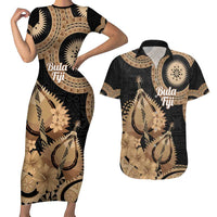 Black Bula Fiji Couples Matching Short Sleeve Bodycon Dress and Hawaiian Shirt Fijian Dance Fan Tapa Cloth Pattern LT14 Black - Polynesian Pride
