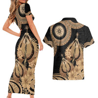 Black Bula Fiji Couples Matching Short Sleeve Bodycon Dress and Hawaiian Shirt Fijian Dance Fan Tapa Cloth Pattern LT14 - Polynesian Pride