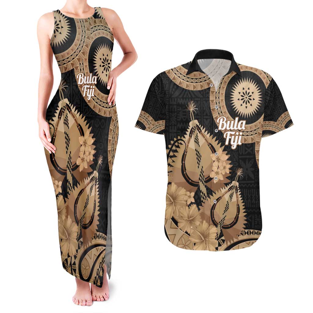 Black Bula Fiji Couples Matching Tank Maxi Dress and Hawaiian Shirt Fijian Dance Fan Tapa Cloth Pattern