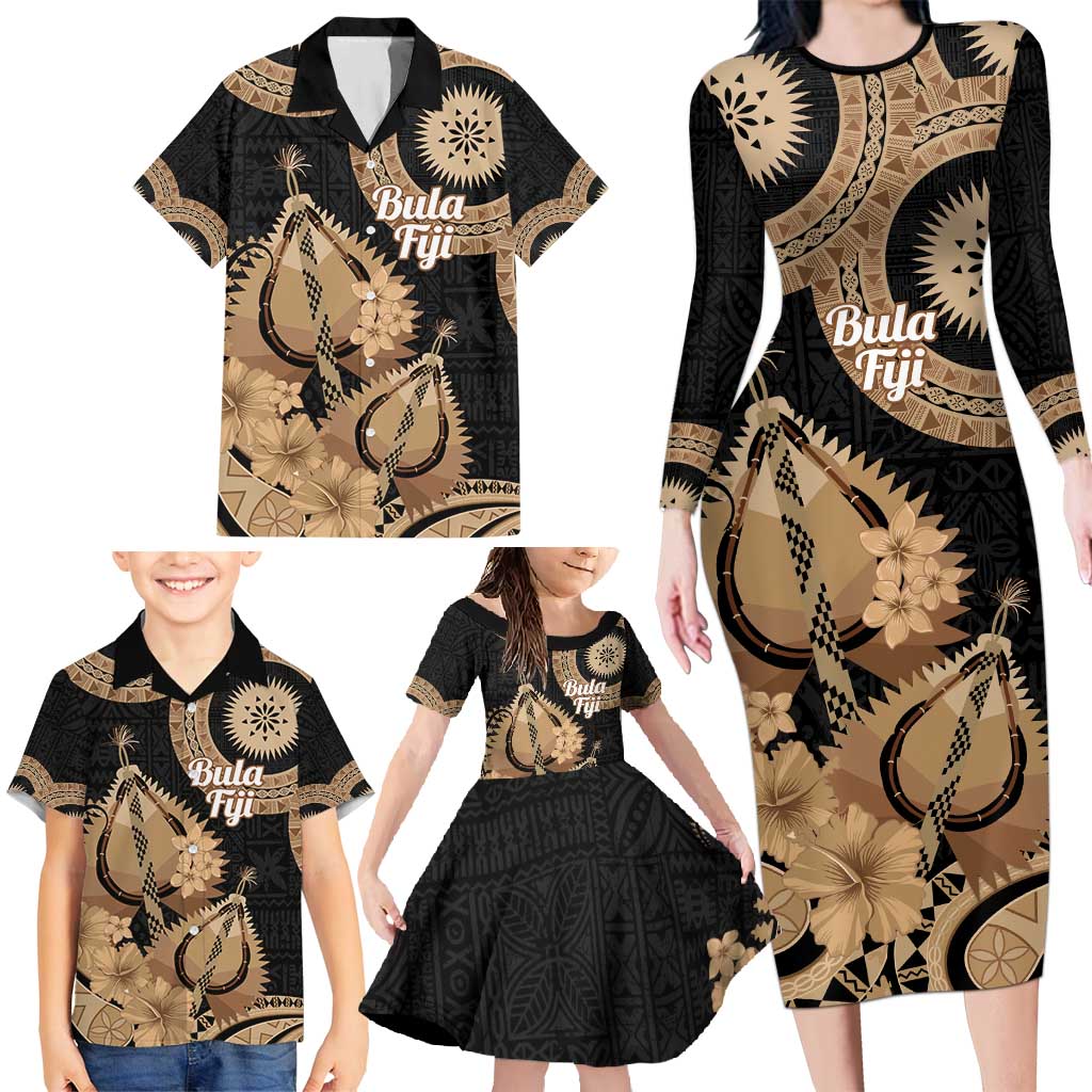 Black Bula Fiji Family Matching Long Sleeve Bodycon Dress and Hawaiian Shirt Fijian Dance Fan Tapa Cloth Pattern
