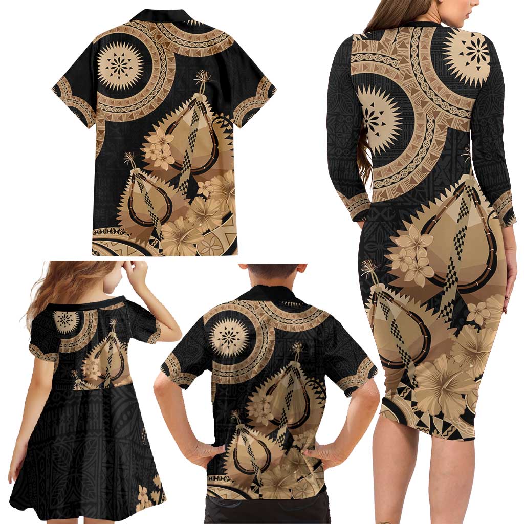 Black Bula Fiji Family Matching Long Sleeve Bodycon Dress and Hawaiian Shirt Fijian Dance Fan Tapa Cloth Pattern LT14 - Polynesian Pride