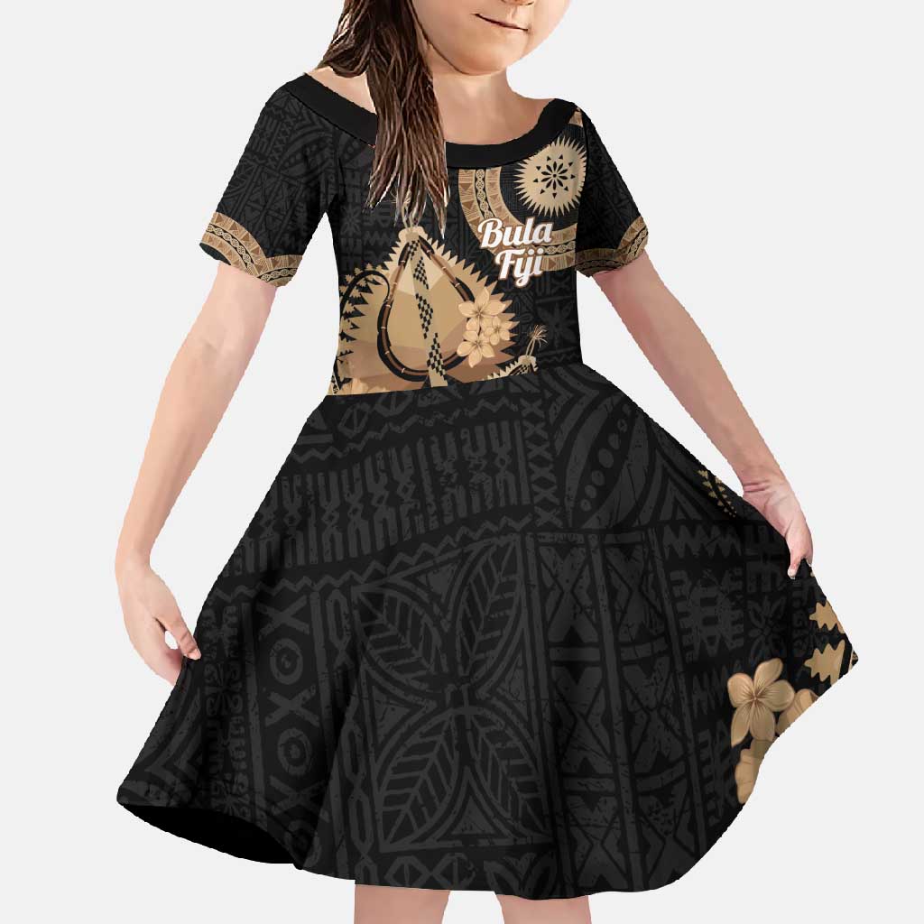 Black Bula Fiji Family Matching Mermaid Dress and Hawaiian Shirt Fijian Dance Fan Tapa Cloth Pattern LT14 Daughter's Dress Black - Polynesian Pride