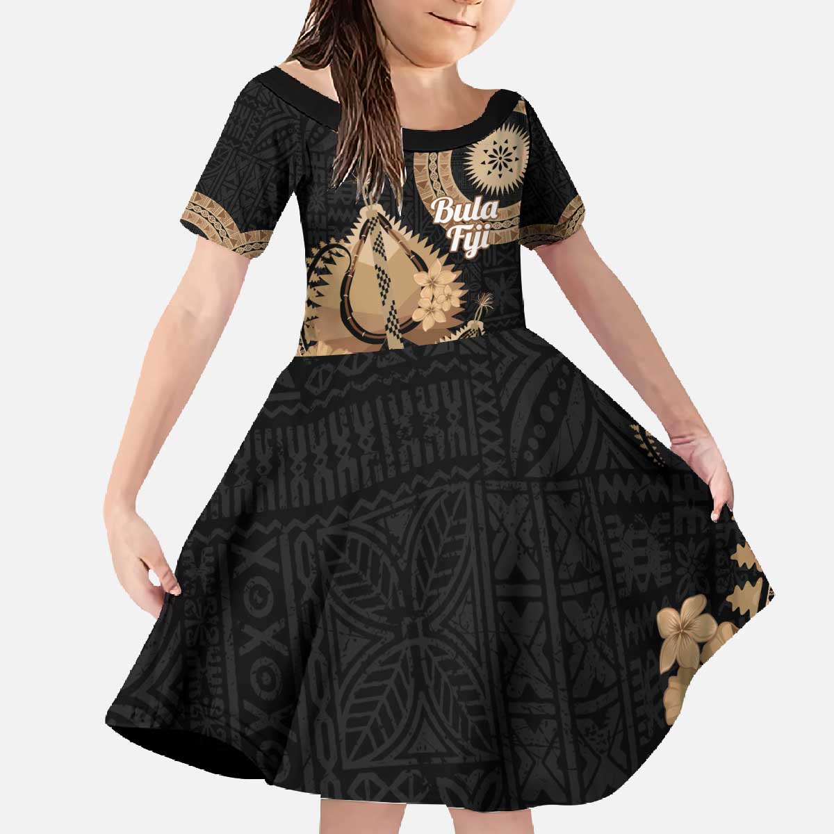 Black Bula Fiji Family Matching Off The Shoulder Long Sleeve Dress and Hawaiian Shirt Fijian Dance Fan Tapa Cloth Pattern LT14 Daughter's Dress Black - Polynesian Pride