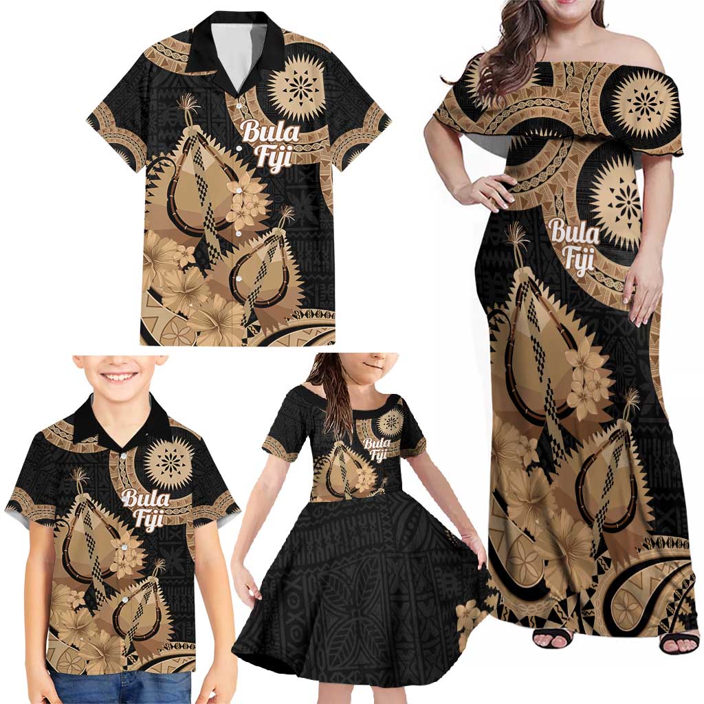 Black Bula Fiji Family Matching Off Shoulder Maxi Dress and Hawaiian Shirt Fijian Dance Fan Tapa Cloth Pattern