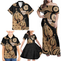 Black Bula Fiji Family Matching Off Shoulder Maxi Dress and Hawaiian Shirt Fijian Dance Fan Tapa Cloth Pattern LT14 - Polynesian Pride
