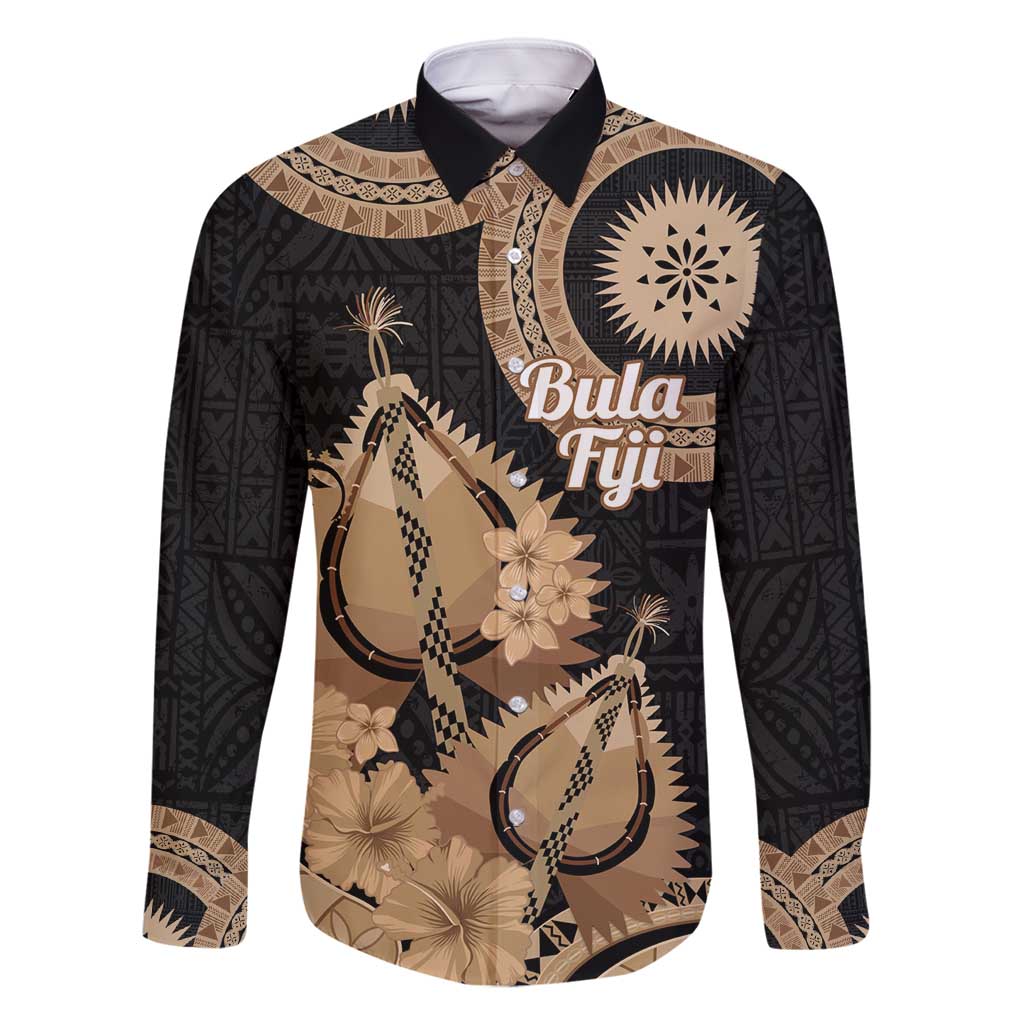 Black Bula Fiji Family Matching Off Shoulder Maxi Dress and Hawaiian Shirt Fijian Dance Fan Tapa Cloth Pattern LT14 Dad's Shirt - Long Sleeve Black - Polynesian Pride