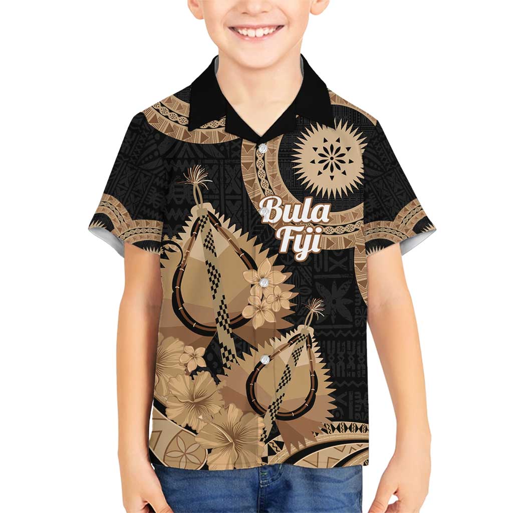 Black Bula Fiji Family Matching Off Shoulder Maxi Dress and Hawaiian Shirt Fijian Dance Fan Tapa Cloth Pattern LT14 Son's Shirt Black - Polynesian Pride