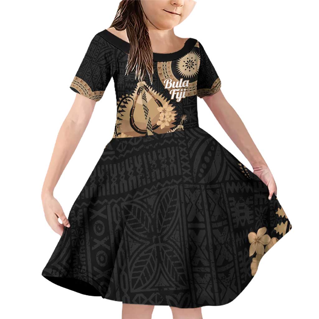 Black Bula Fiji Family Matching Off Shoulder Short Dress and Hawaiian Shirt Fijian Dance Fan Tapa Cloth Pattern LT14 Daughter's Dress Black - Polynesian Pride