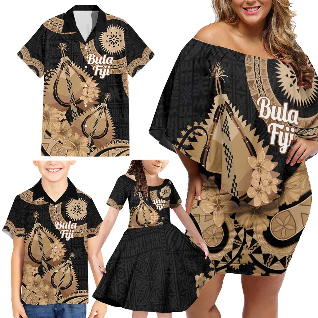 Black Bula Fiji Family Matching Off Shoulder Short Dress and Hawaiian Shirt Fijian Dance Fan Tapa Cloth Pattern LT14 - Polynesian Pride