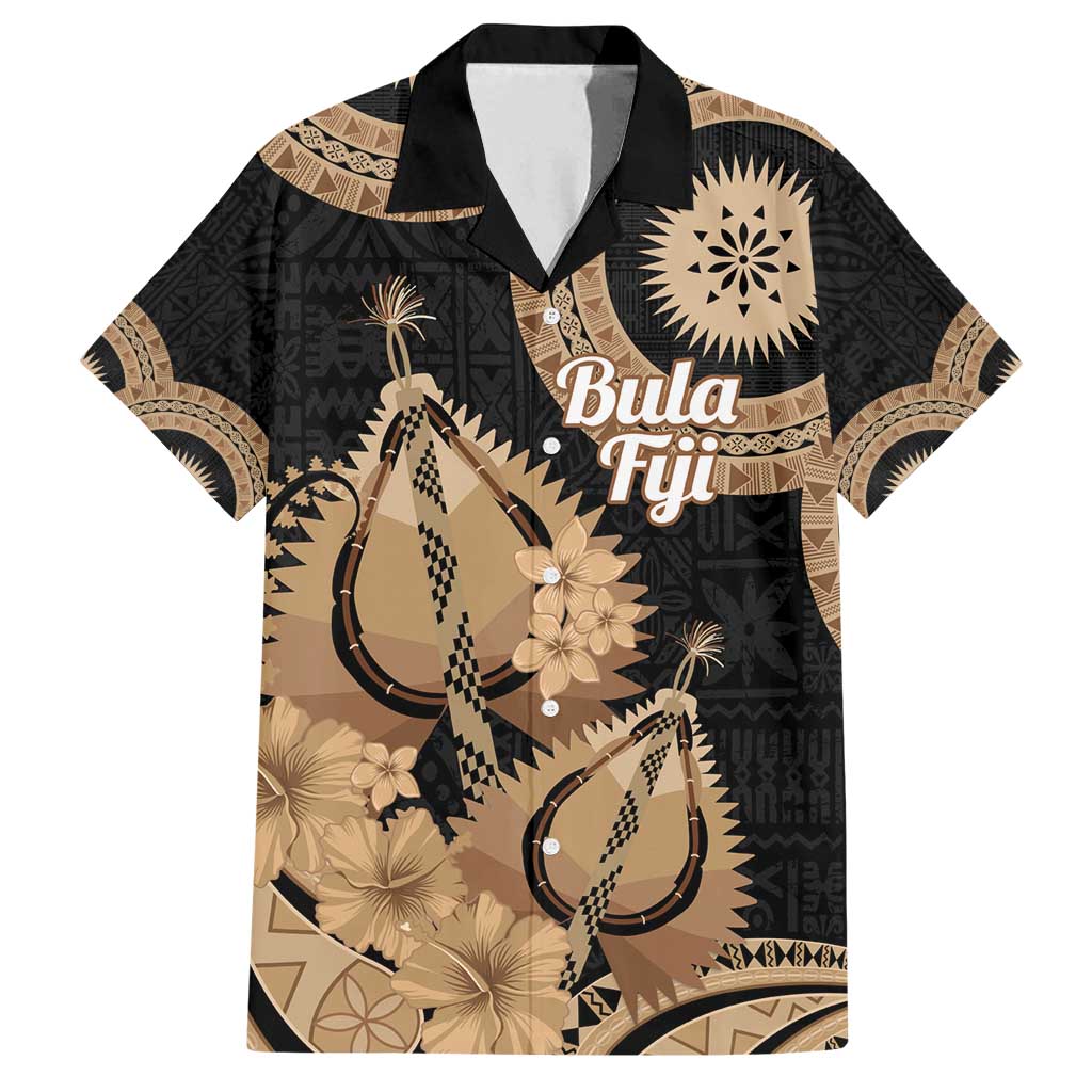Black Bula Fiji Family Matching Off Shoulder Short Dress and Hawaiian Shirt Fijian Dance Fan Tapa Cloth Pattern LT14 Dad's Shirt - Short Sleeve Black - Polynesian Pride