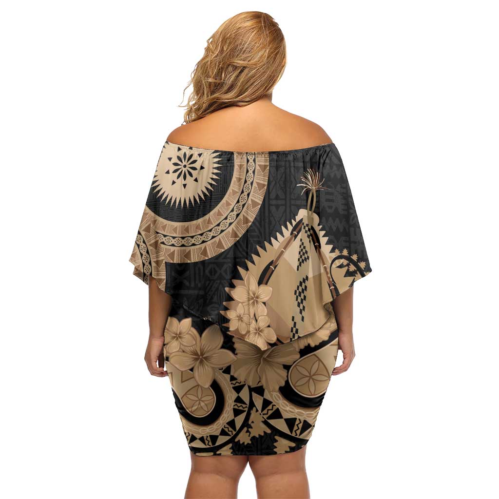 Black Bula Fiji Family Matching Off Shoulder Short Dress and Hawaiian Shirt Fijian Dance Fan Tapa Cloth Pattern LT14 - Polynesian Pride