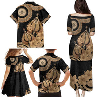Black Bula Fiji Family Matching Puletasi and Hawaiian Shirt Fijian Dance Fan Tapa Cloth Pattern