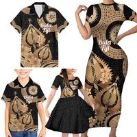 Black Bula Fiji Family Matching Short Sleeve Bodycon Dress and Hawaiian Shirt Fijian Dance Fan Tapa Cloth Pattern LT14 - Polynesian Pride
