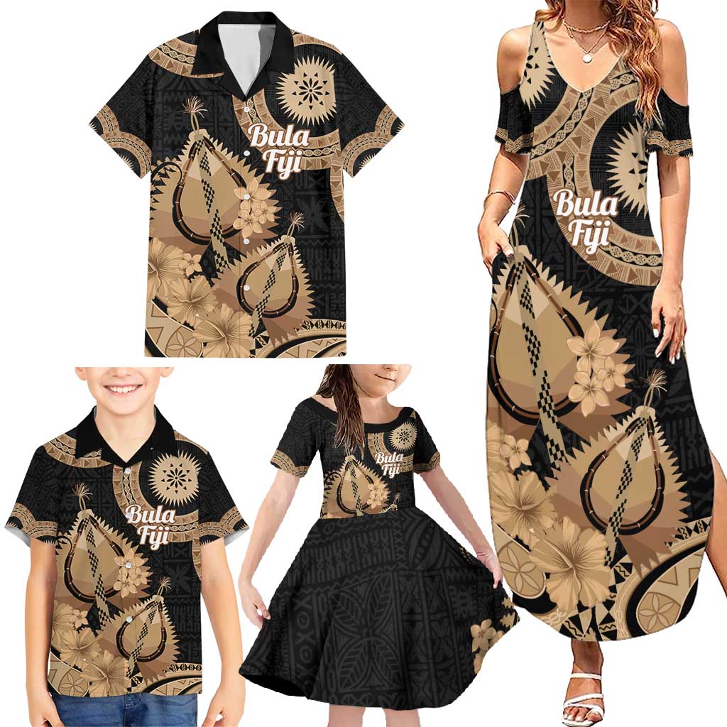 Black Bula Fiji Family Matching Summer Maxi Dress and Hawaiian Shirt Fijian Dance Fan Tapa Cloth Pattern LT14 - Polynesian Pride
