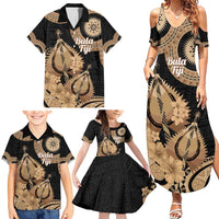 Black Bula Fiji Family Matching Summer Maxi Dress and Hawaiian Shirt Fijian Dance Fan Tapa Cloth Pattern LT14 - Polynesian Pride