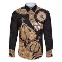 Black Bula Fiji Family Matching Summer Maxi Dress and Hawaiian Shirt Fijian Dance Fan Tapa Cloth Pattern LT14 Dad's Shirt - Long Sleeve Black - Polynesian Pride