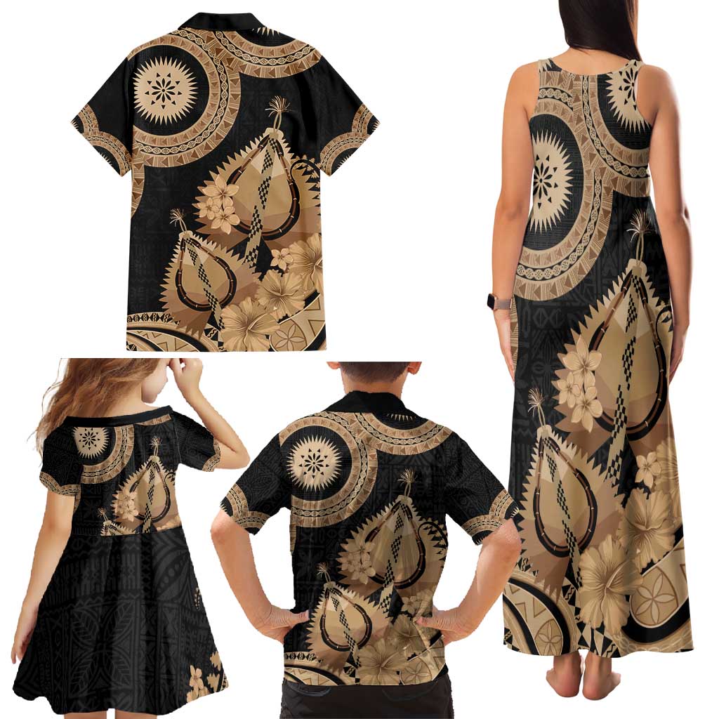 Black Bula Fiji Family Matching Tank Maxi Dress and Hawaiian Shirt Fijian Dance Fan Tapa Cloth Pattern LT14 - Polynesian Pride