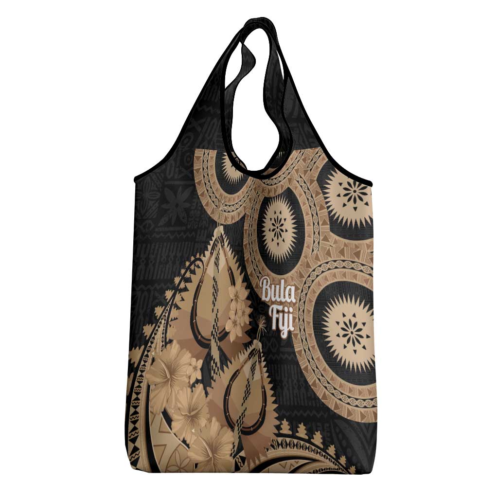 Black Bula Fiji Grocery Bag Fijian Dance Fan Tapa Cloth Pattern